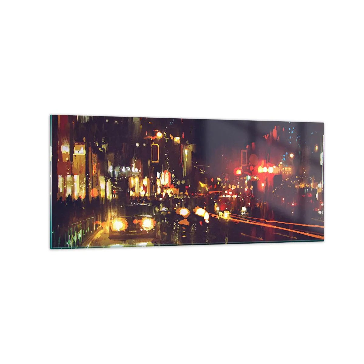 Quadro su vetro - Scena notturna della città con luci colorate e riflessi di strada - 120x50cm - Immersa nelle luci della notte - Decorazione murale moderna per soggiorno e camera da letto ARTTOR