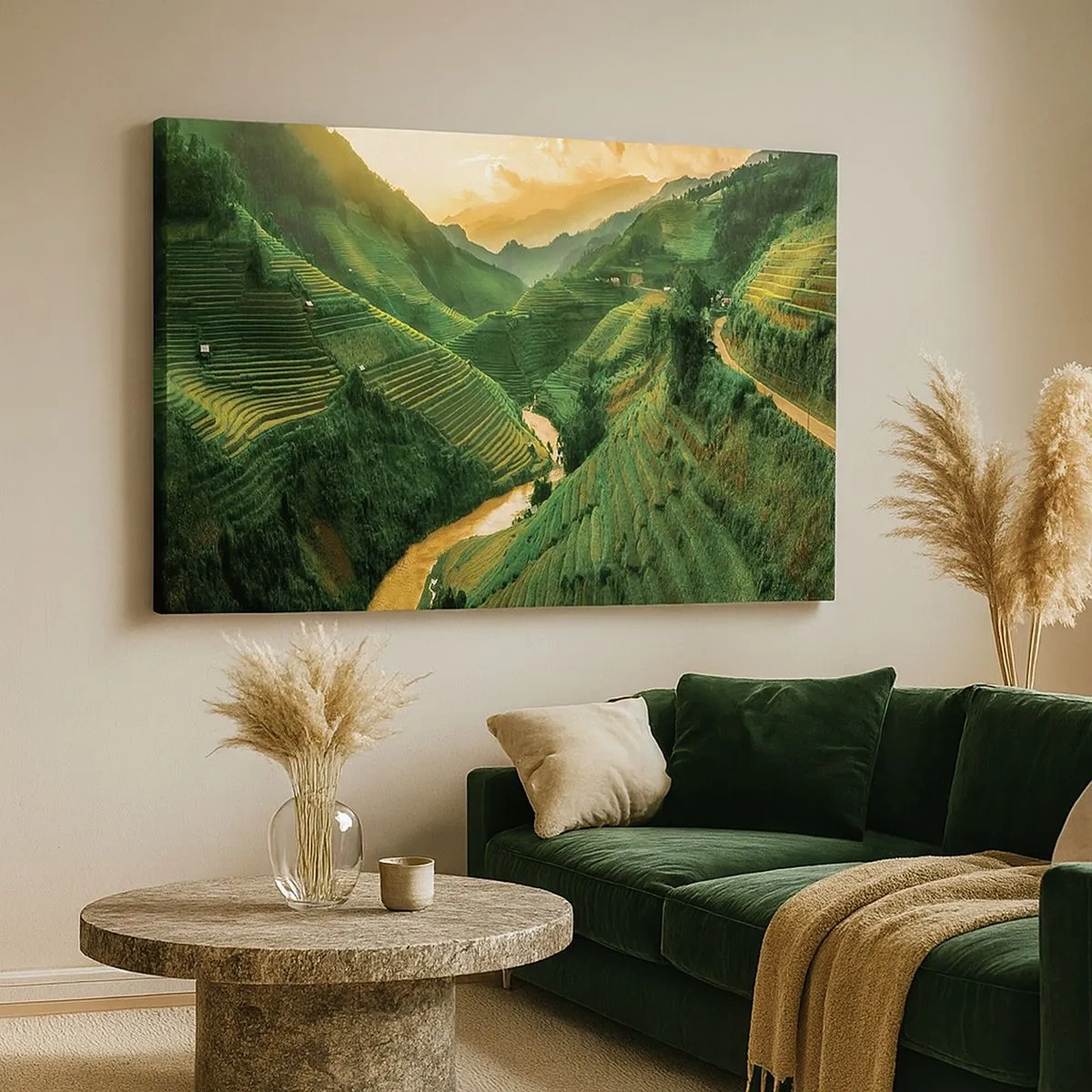 Quadro su tela - Stampe su Tela - Pittoresche terrazze di riso in una valle verde illuminata dal sole al tramonto - 70x50cm - Valle del Vietnam - Decorazione murale moderna per soggiorno e camera da letto ARTTOR