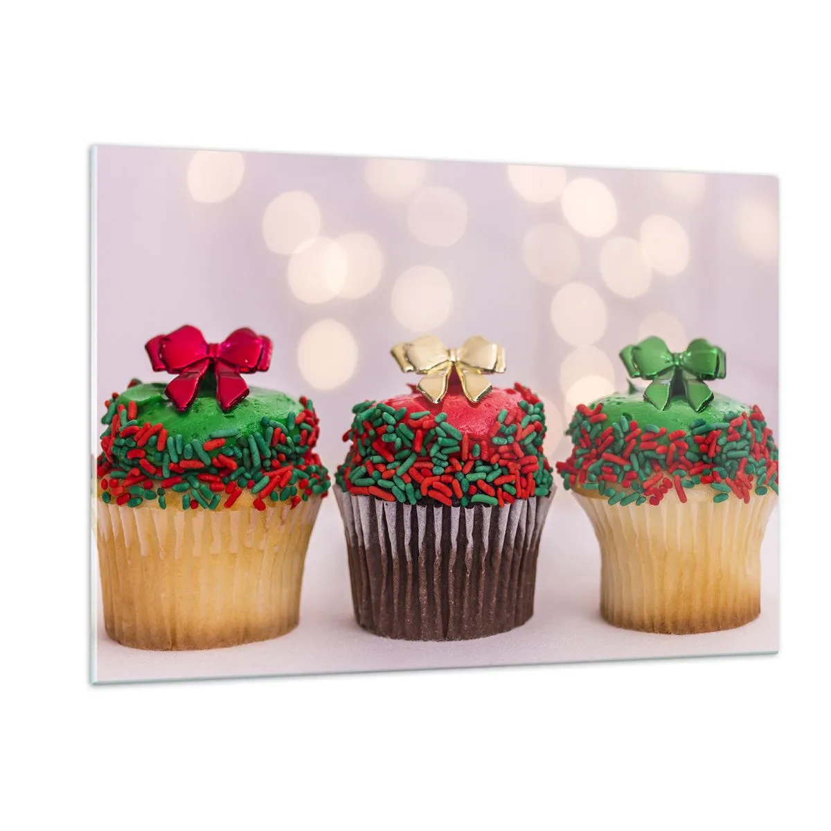 Quadro su vetro - Cupcake di Natale con decorazioni a fiocco - 120x80cm - Dolci a volontà - Decorazione murale moderna per soggiorno e camera da letto ARTTOR