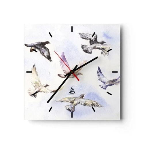 Orologio da parete - Orologio in Vetro - Uccelli acquerellati in volo contro un cielo delicato - 30x30cm - Libertà in grigio e blu - Decorazione murale moderna per soggiorno e camera da letto ARTTOR