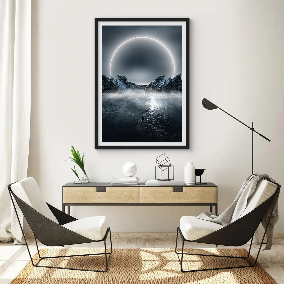 Poster in cornice nera - Un paesaggio misterioso con un cerchio luminoso nel cielo - 50x70cm - La fine del racconto - Decorazione murale moderna per soggiorno e camera da letto ARTTOR
