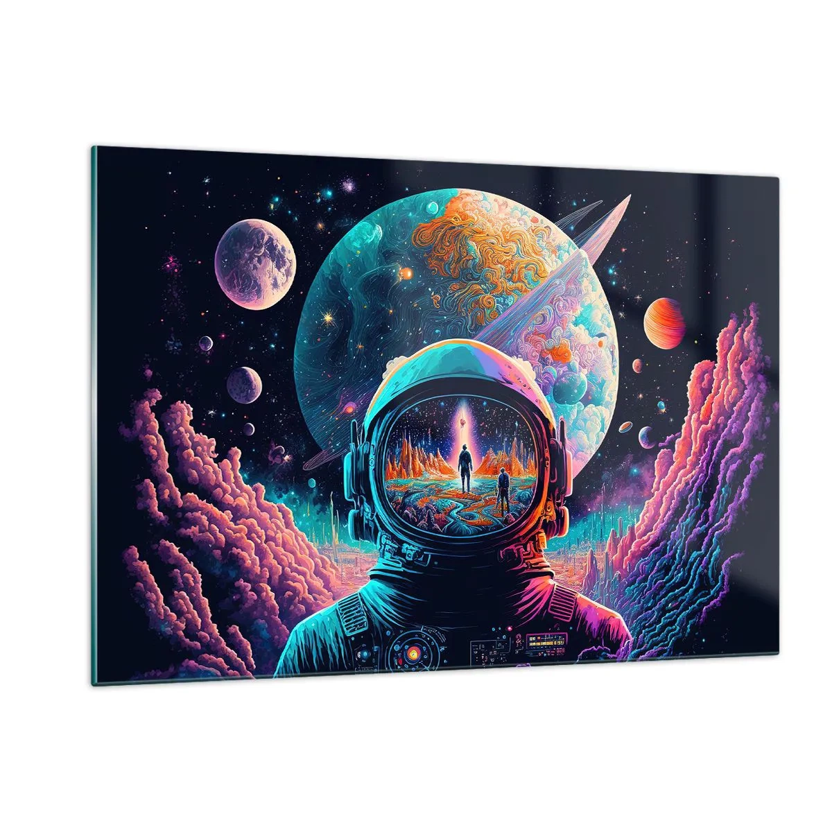 Quadro su vetro - Un paesaggio spaziale con un astronauta e un pianeta surreale. - 120x80cm - I filosofi non l'avevano pensato - Decorazione murale moderna per soggiorno e camera da letto ARTTOR