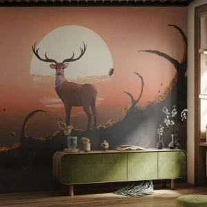 Fotomurali Standard Eco - Un cervo sullo sfondo del sole al tramonto in un paesaggio surreale - 100x70cm - Questa notte è diversa dalle altre - Decorazione murale moderna per soggiorno e camera da letto ARTTOR