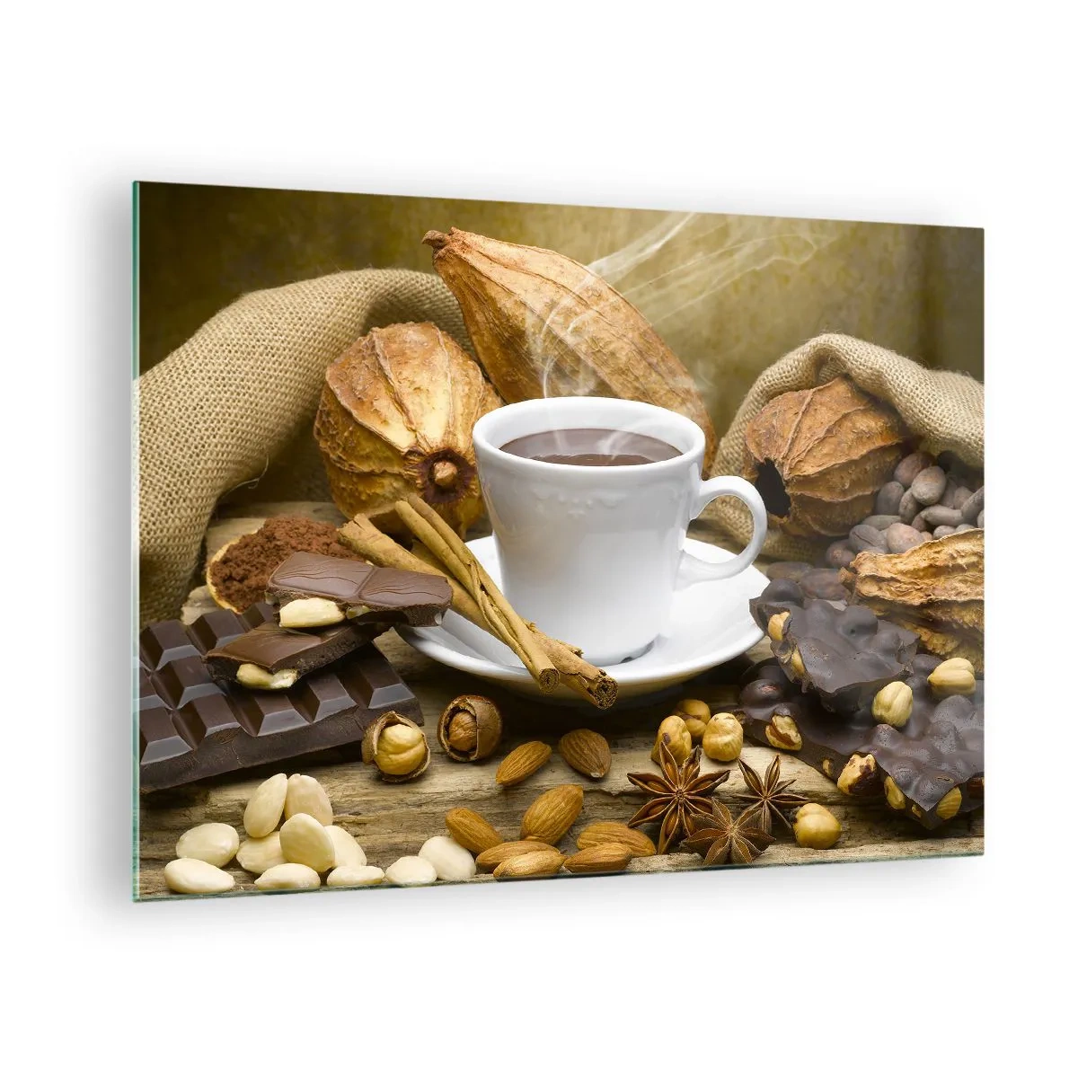 Quadro su vetro - Una tazza di cioccolata calda circondata da cioccolato e spezie - 70x50cm - Per i cercatori di emozioni - Decorazione murale moderna per soggiorno e camera da letto ARTTOR