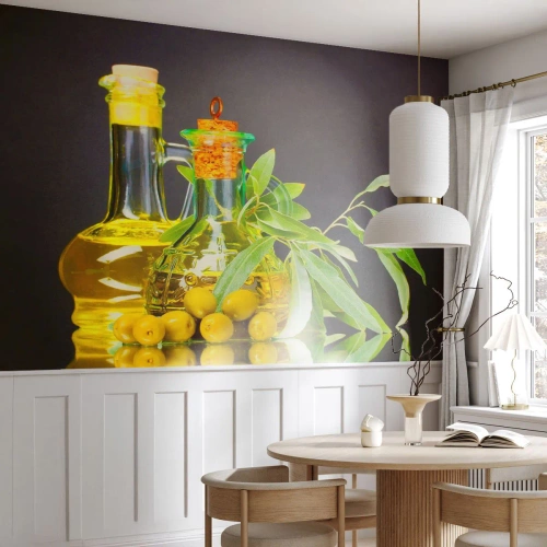 Fotomurali Premium Sand - Natura morta con olive e olio - Gastronomia, Olive, Olio - 400x280 cm
