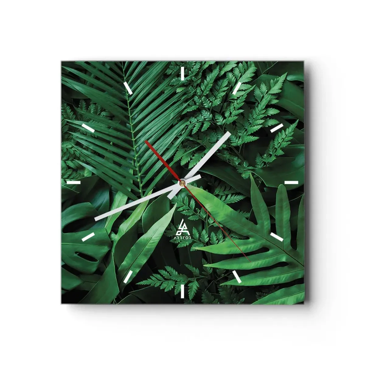 Orologio da parete - Orologio in Vetro - Foglie tropicali verdi in una composizione densa e naturale - 30x30cm - Avvolti nel verde - Decorazione murale moderna per soggiorno e camera da letto ARTTOR