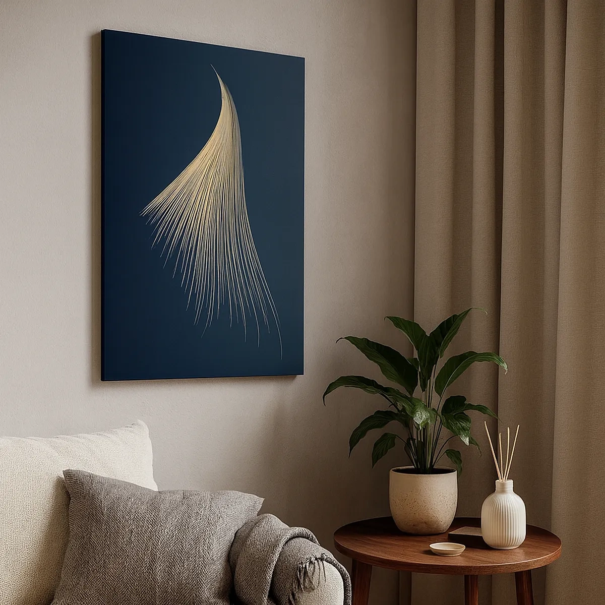 Quadro su tela - Stampe su Tela - Una delicata linea simile a una piuma su uno sfondo blu navy - 50x70cm - Come un capello d'angelo - Decorazione murale moderna per soggiorno e camera da letto ARTTOR
