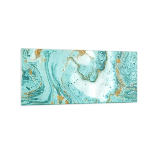 Quadro su vetro - Marmo turchese con accenti dorati in una composizione astratta - 120x50cm - La grande onda del periodo Edo - Decorazione murale moderna per soggiorno e camera da letto ARTTOR
