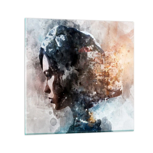 Quadro su vetro - Racconto su una ragazza con città sullo sfondo - 60x60 cm