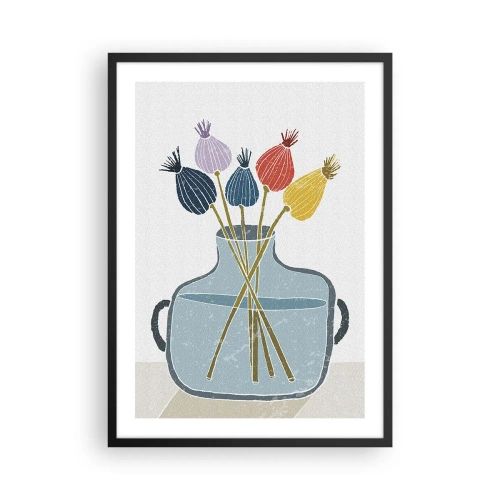 Poster in cornice nera - Una composizione minimalista di teste di papavero in un vaso di vetro - 50x70cm - Il silenzio dei papaveri - Decorazione murale moderna per soggiorno e camera da letto ARTTOR