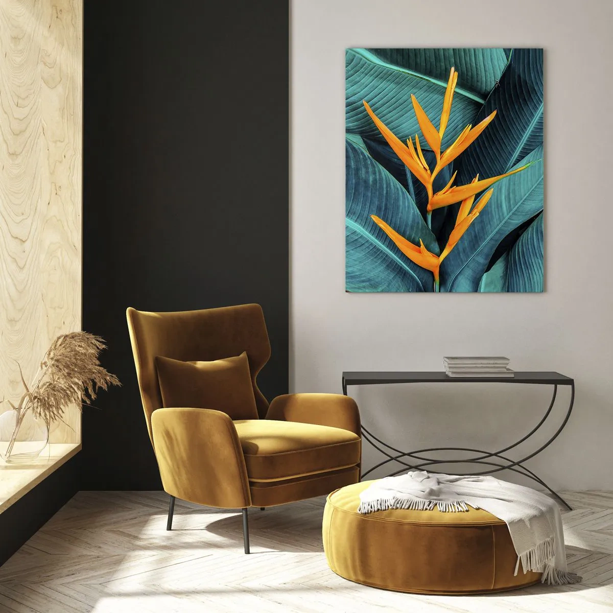 Quadro su vetro - Un fiore esotico su uno sfondo di grandi foglie verdi. - 50x70cm - Il fiore dell'Eden - Decorazione murale moderna per soggiorno e camera da letto ARTTOR