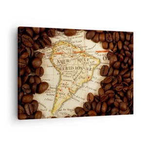 Quadro su tela - Stampe su Tela - Una mappa del Sud America circondata da chicchi di caffè. - 70x50cm - Da dove viene il miglior caffè? - Decorazione murale moderna per soggiorno e camera da letto ARTTOR