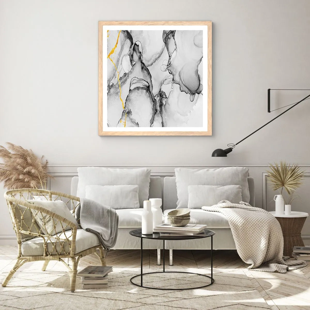 Poster in cornice rovere chiaro - Composizione con motivo d'oro - 40x40 cm
