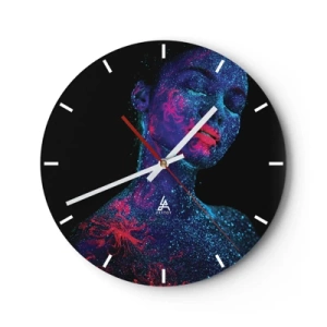 Orologio da parete - Orologio in Vetro - Ritratto di una donna con dipinti fluorescenti sul viso - 30x30cm - Nella polvere di stelle - Decorazione murale moderna per soggiorno, cucina e camera da letto ARTTOR