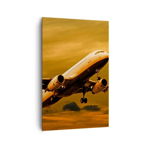 Quadro su tela - Stampe su Tela - Un aereo passeggeri decolla sullo sfondo di un cielo dorato al tramonto. - 80x120cm - In volo verso il sole - Decorazione murale moderna per soggiorno e camera da letto ARTTOR