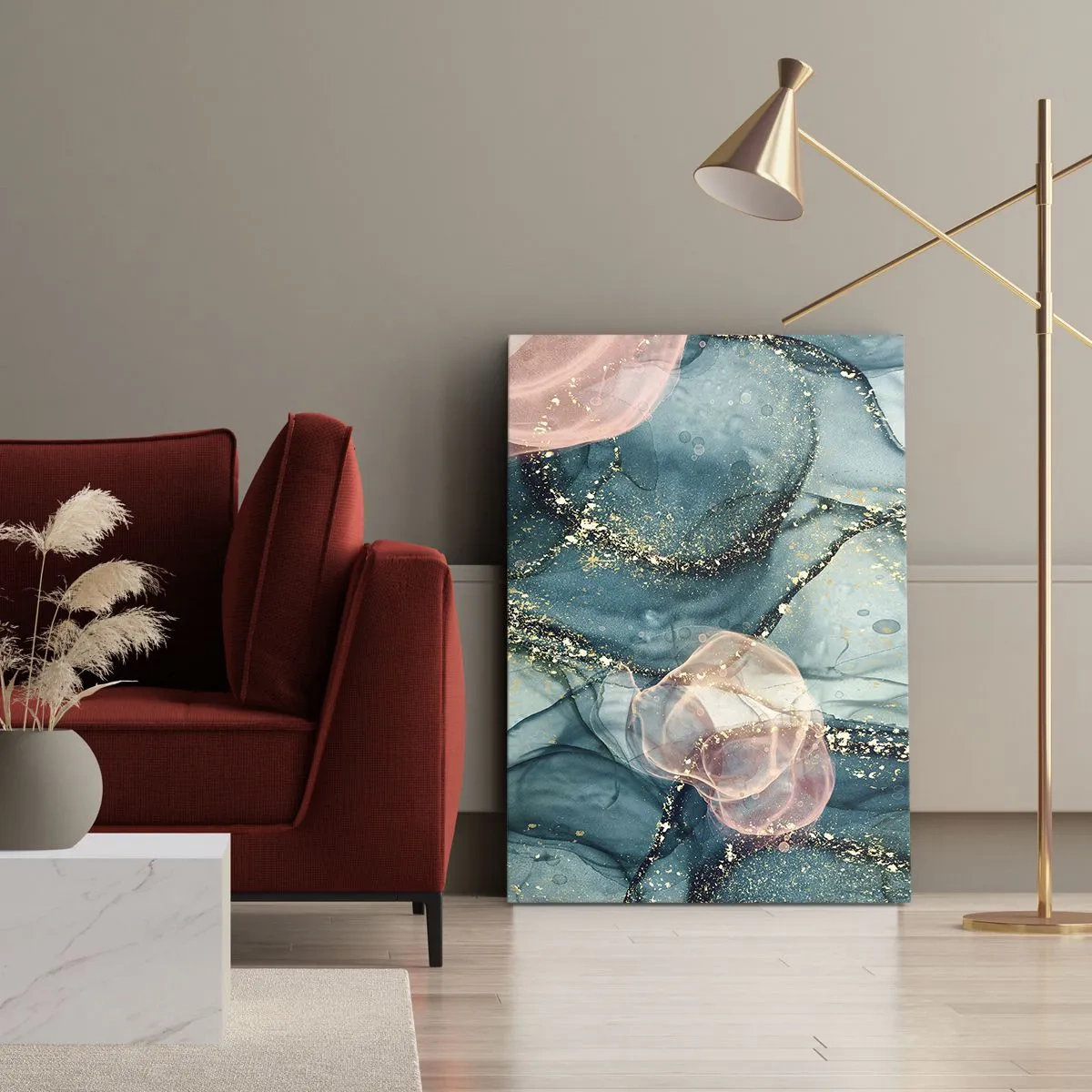 Quadro su tela - Stampe su Tela - Una composizione astratta nei toni del turchese e dell'oro. - 50x70cm - Blu di seta, rosa di tulle - Decorazione murale moderna per soggiorno e camera da letto ARTTOR