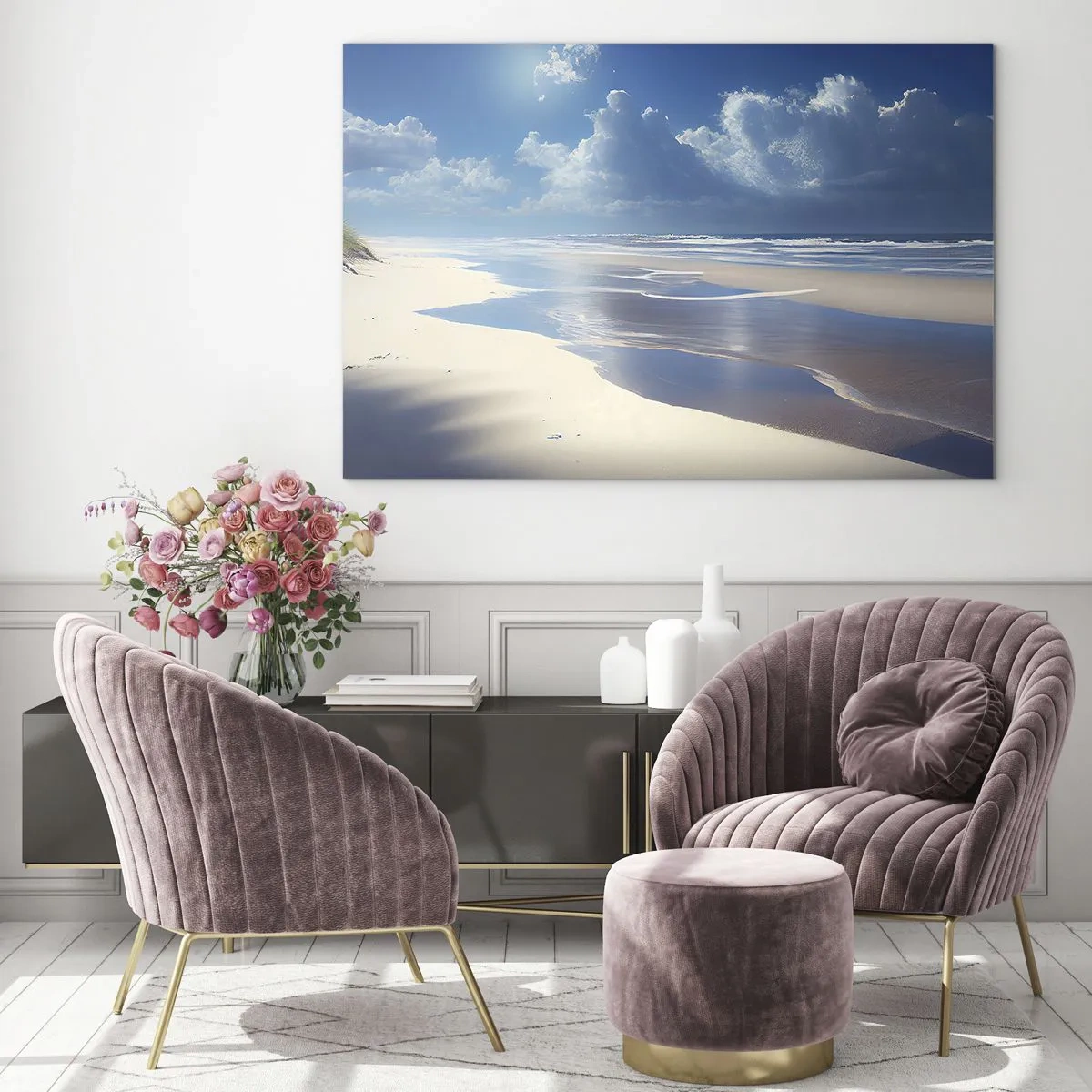 Quadro su vetro - Un'ampia spiaggia sabbiosa e onde calme sotto un cielo azzurro - 120x80cm - Vacanze in paradiso - Decorazione murale moderna per soggiorno e camera da letto ARTTOR