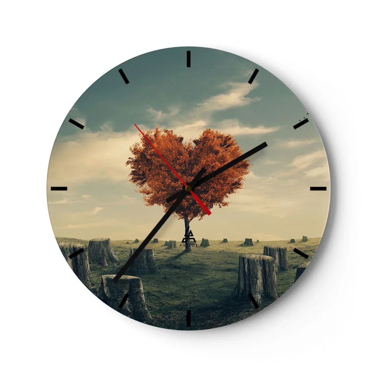 Orologio da parete - Orologio in Vetro - Un albero a forma di cuore circondato da tronchi contro il cielo - 30x30cm - C'è sempre speranza - Decorazione murale moderna per soggiorno, cucina e camera da letto ARTTOR