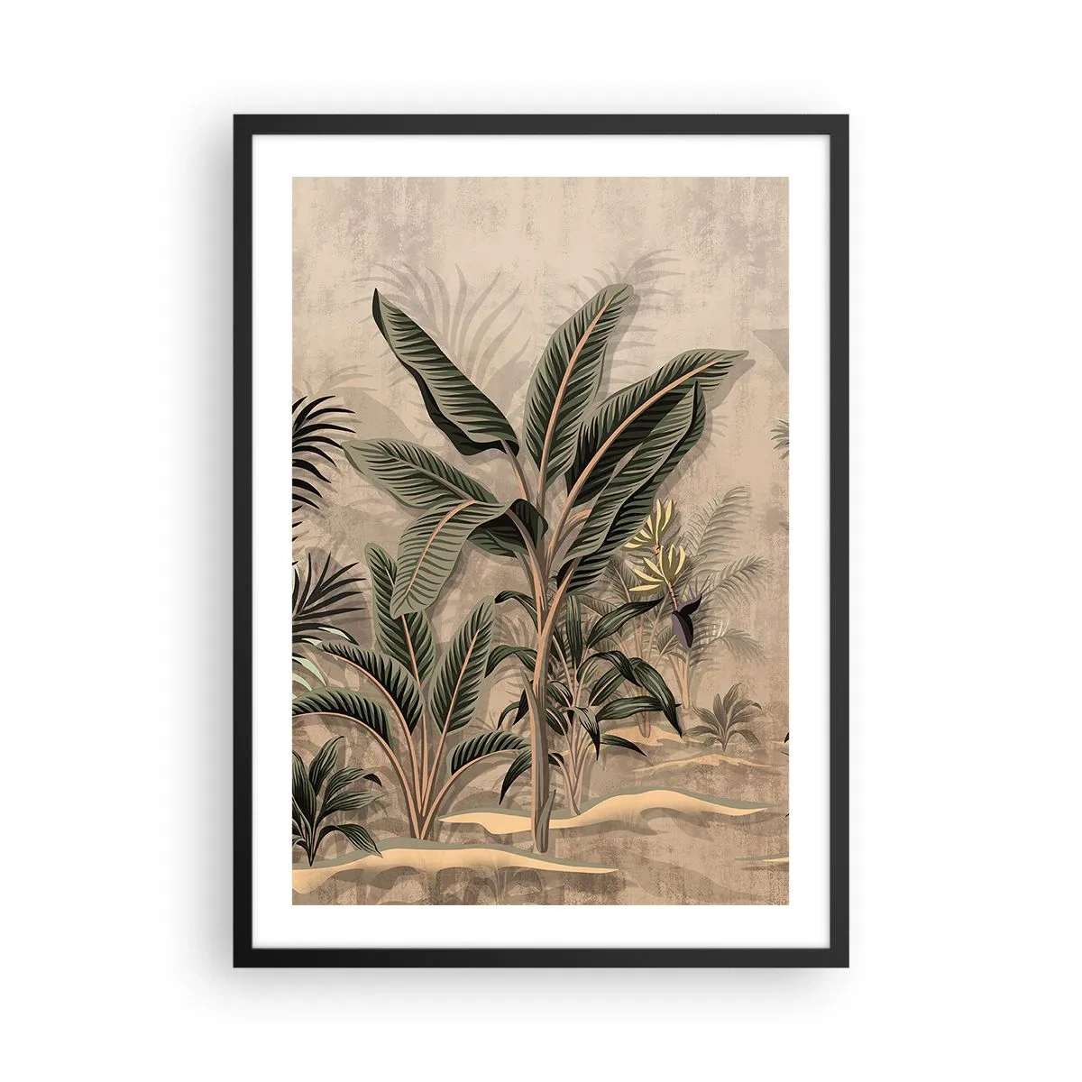 Poster in cornice nera - Vegetazione esotica su sfondo beige - 50x70cm - Incisione in stile coloniale - Decorazione murale moderna per soggiorno e camera da letto ARTTOR