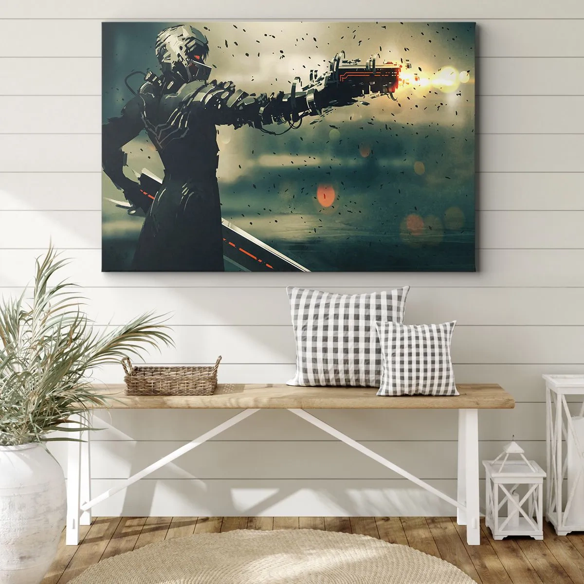 Quadro su tela - Stampe su Tela - Guerriero cibernetico con armi futuristiche - 100x70cm - L'arma assassina: il tuo Terminator - Decorazione murale moderna per soggiorno e camera da letto ARTTOR