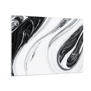Quadro su vetro - Linee vorticose in bianco e nero che ricordano il marmo in uno stile astratto - 70x50cm - L'unione degli opposti - Decorazione murale moderna per soggiorno e camera da letto ARTTOR