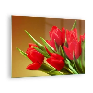 Quadro su vetro - Un mazzo di tulipani rossi su sfondo dorato - 70x50cm - Un mazzo di gioia primaverile - Decorazione murale moderna per soggiorno e camera da letto ARTTOR