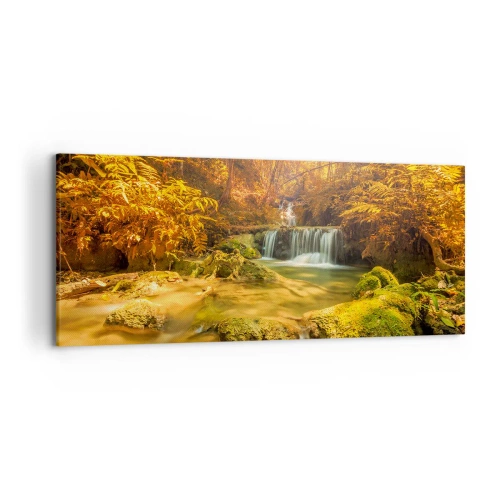 Quadro su tela - Stampe su Tela - Una cascata dorata in una foresta autunnale circondata dal verde - 120x50cm - Cascata boschiva in oro - Decorazione murale moderna per soggiorno e camera da letto ARTTOR