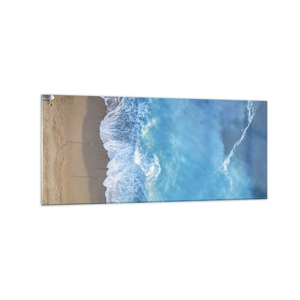 Quadro su vetro - Una vista a volo d'uccello della spiaggia e delle onde del mare - 120x50cm - La forza del blu - Decorazione murale moderna per soggiorno e camera da letto ARTTOR