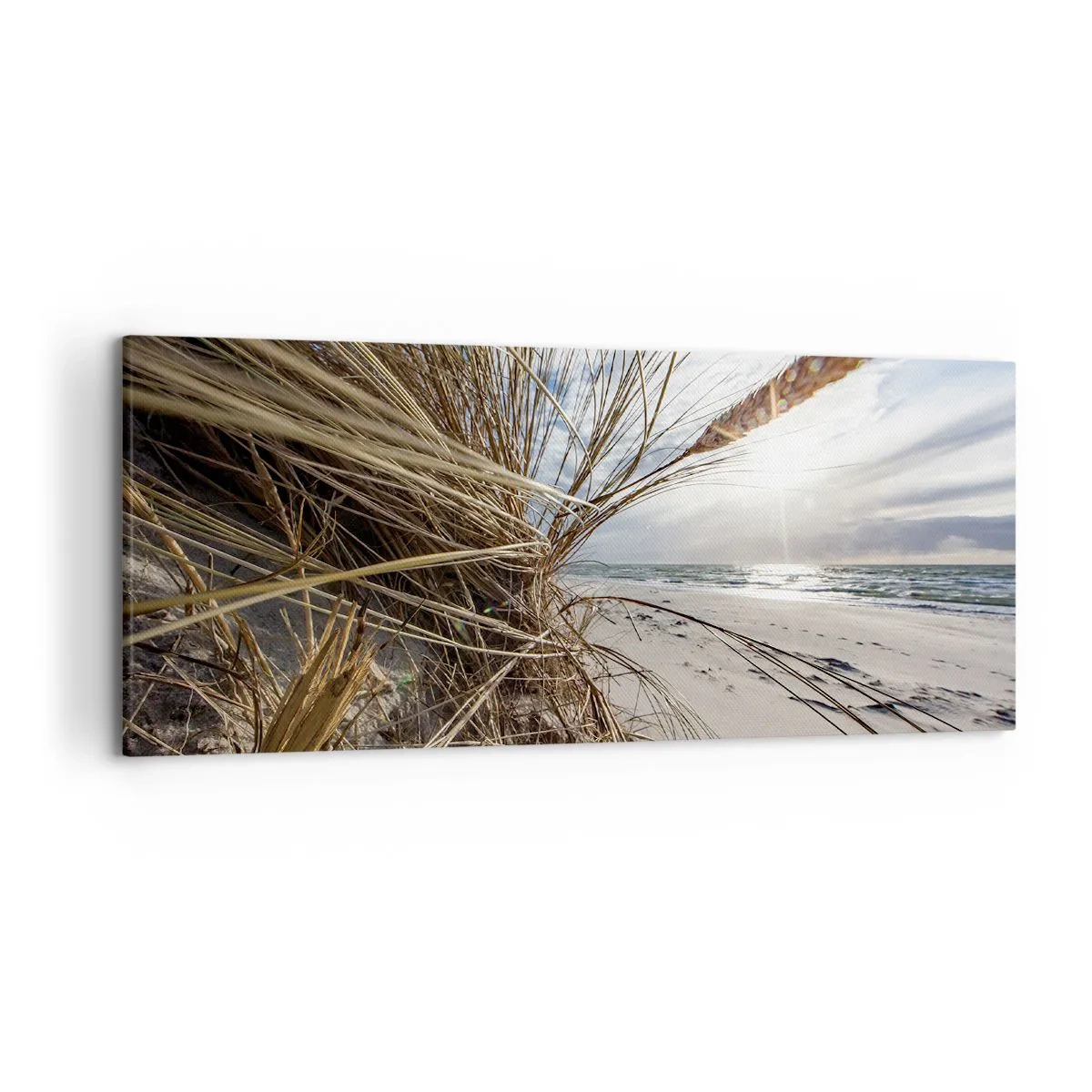 Quadro su tela - Stampe su Tela - Una spiaggia con erba secca sulle dune e vista sul mare - 120x50cm - L'incontro degli elementi - Decorazione murale moderna per soggiorno e camera da letto ARTTOR