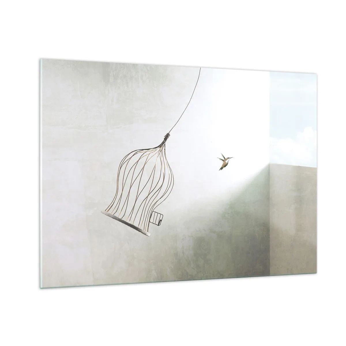 Quadro su vetro - Una gabbia aperta e un colibrì che vola via alla luce del giorno - 100x70cm - Nel proprio elemento - Decorazione murale moderna per soggiorno e camera da letto ARTTOR