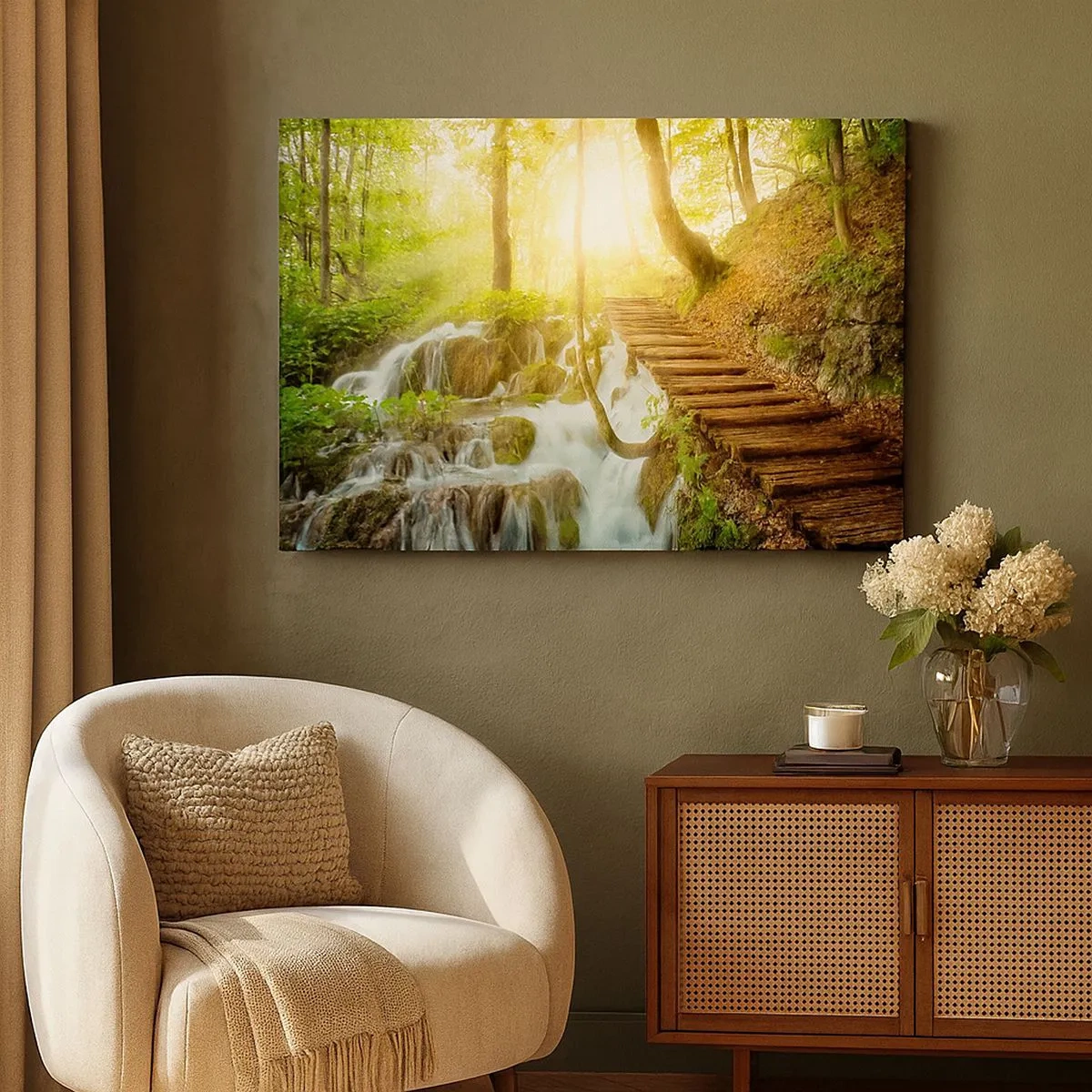 Quadro su tela - Stampe su Tela - Sentiero nel bosco con scale in legno vicino alla cascata - 70x50cm - Bramata freschezza - Decorazione murale moderna per soggiorno e camera da letto ARTTOR