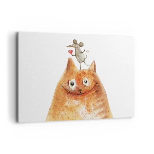 Quadro su tela - Stampe su Tela - Un disegno di un gatto con un topo sulla testa che tiene un cuore - 120x80cm - I paradossi dell'amore - Decorazione murale moderna per soggiorno e camera da letto ARTTOR
