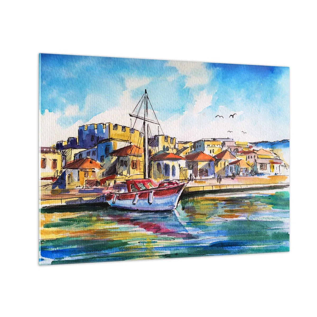 Quadro su vetro - Un colorato porto turistico con una barca a vela e architettura mediterranea - 70x50cm - Un colorato pomeriggio - Decorazione murale moderna per soggiorno e camera da letto ARTTOR