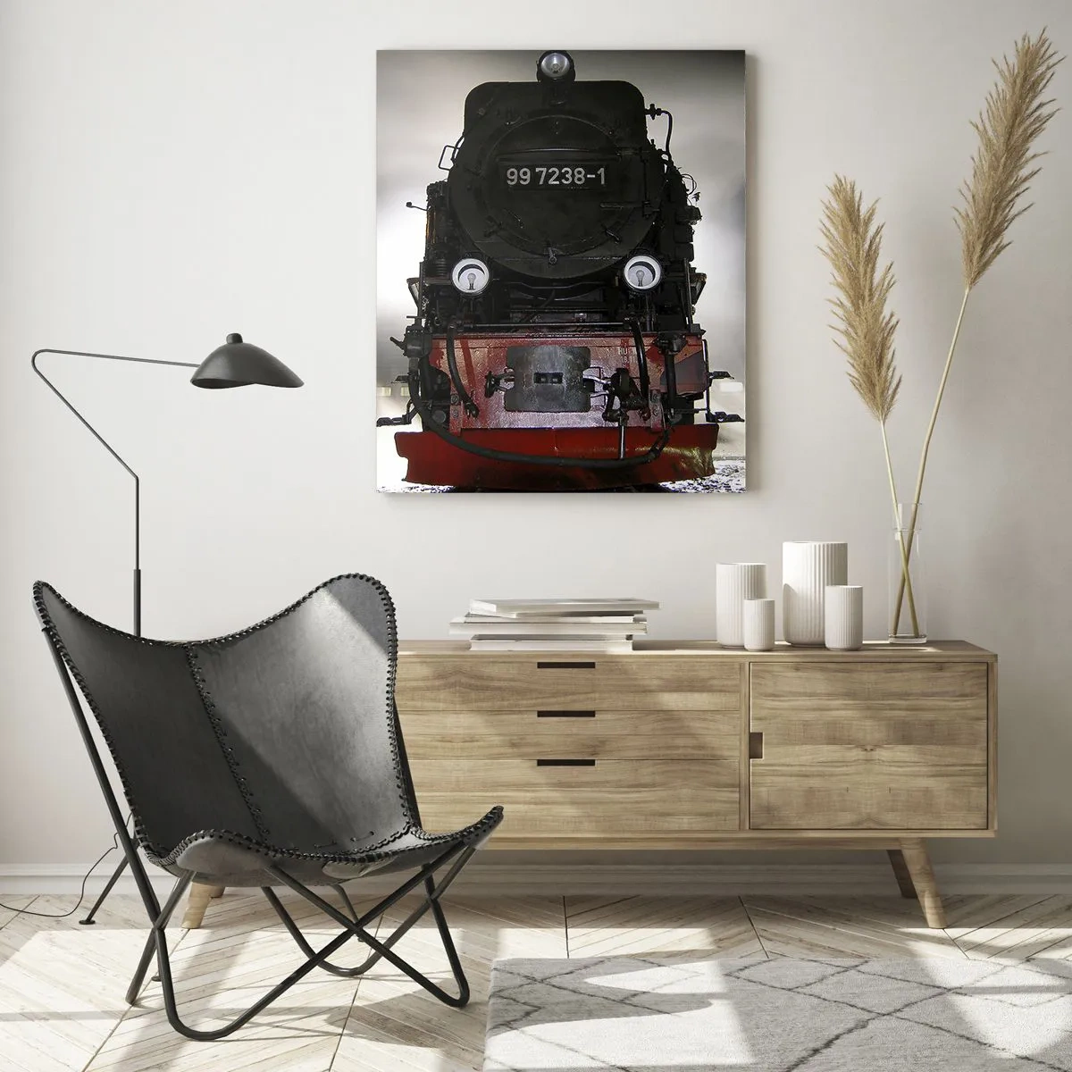 Quadro su vetro - Una locomotiva a vapore circondata da vapore e luce - 50x70cm - Ansima, sbuffa e soffia - Decorazione murale moderna per soggiorno e camera da letto ARTTOR