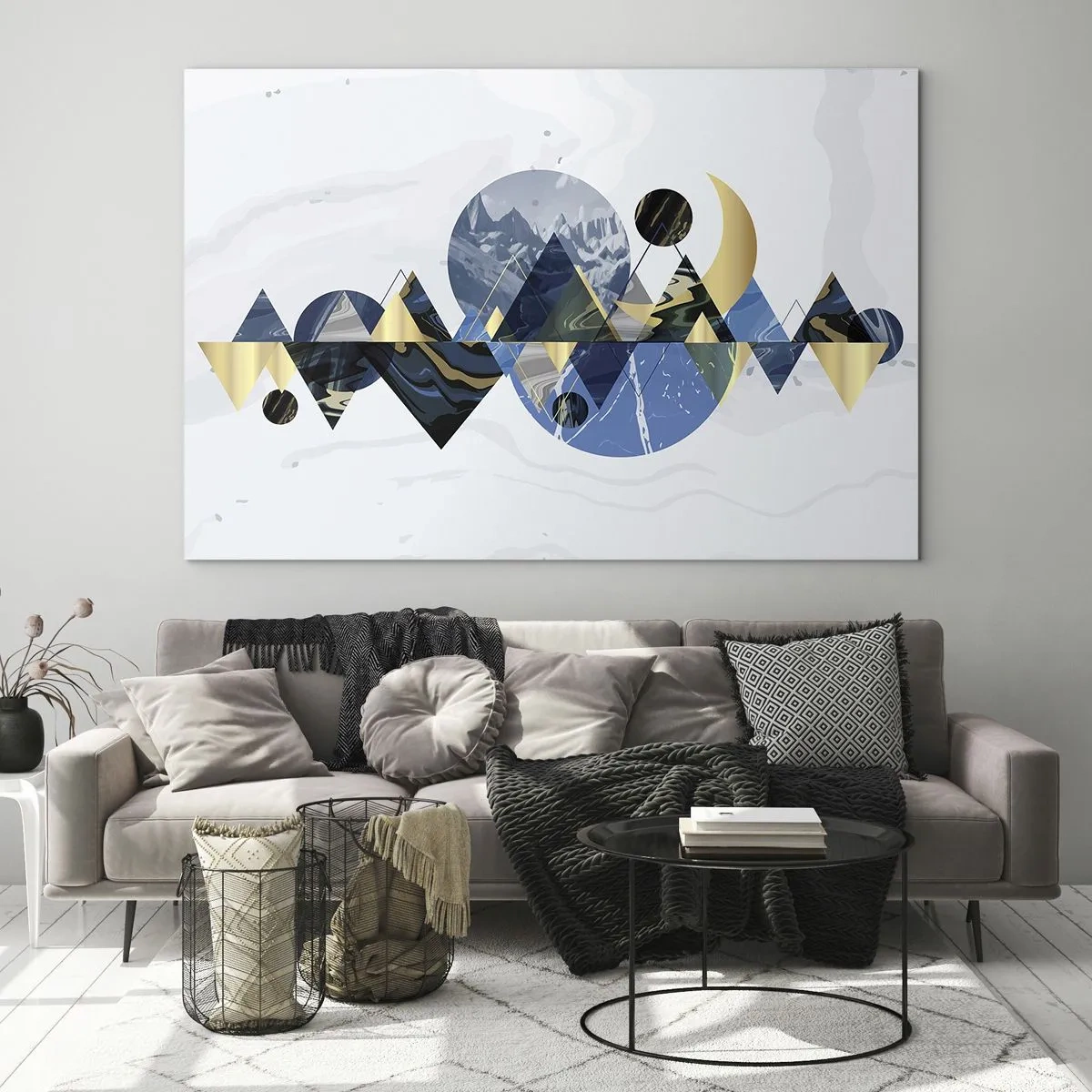 Quadro su vetro - Figure geometriche astratte nei toni del blu navy e dell'oro - 70x50cm - Paesaggio geometrico - Decorazione murale moderna per soggiorno e camera da letto ARTTOR