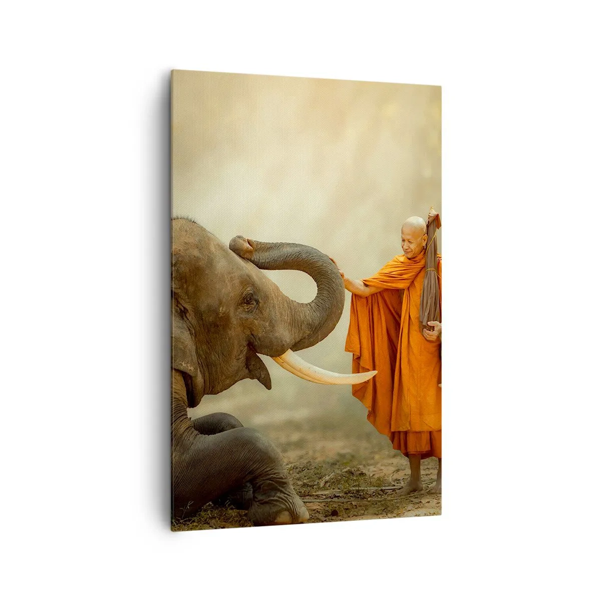Quadro su tela - Stampe su Tela - Un monaco e un elefante in armonia sullo sfondo della natura - 80x120cm - Incontro nel viaggio - Decorazione murale moderna per soggiorno e camera da letto ARTTOR