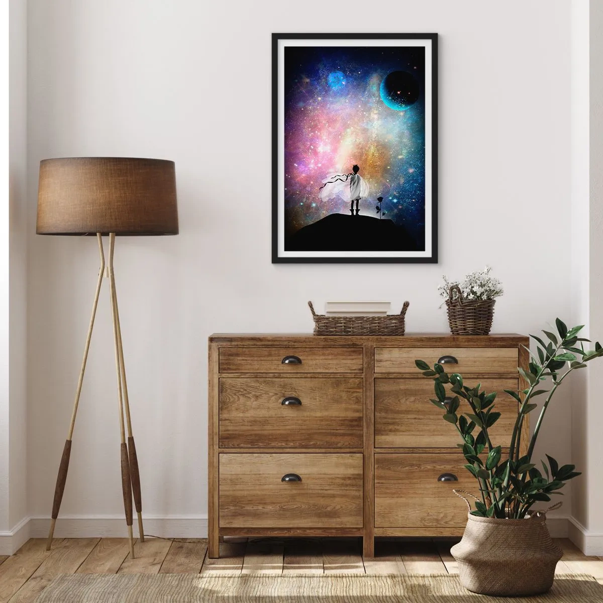 Poster in cornice nera - Una fantastica scena spaziale con la sagoma di un personaggio e una rosa - 50x70cm - Il Piccolo Principe - Decorazione murale moderna per soggiorno e camera da letto ARTTOR