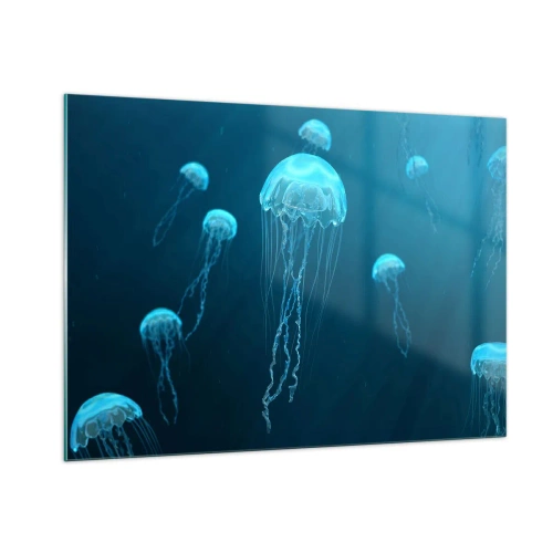 Quadro su vetro - Meduse che galleggiano nel profondo oceano blu - 100x70cm - La danza oceanica - Decorazione murale moderna per soggiorno e camera da letto ARTTOR