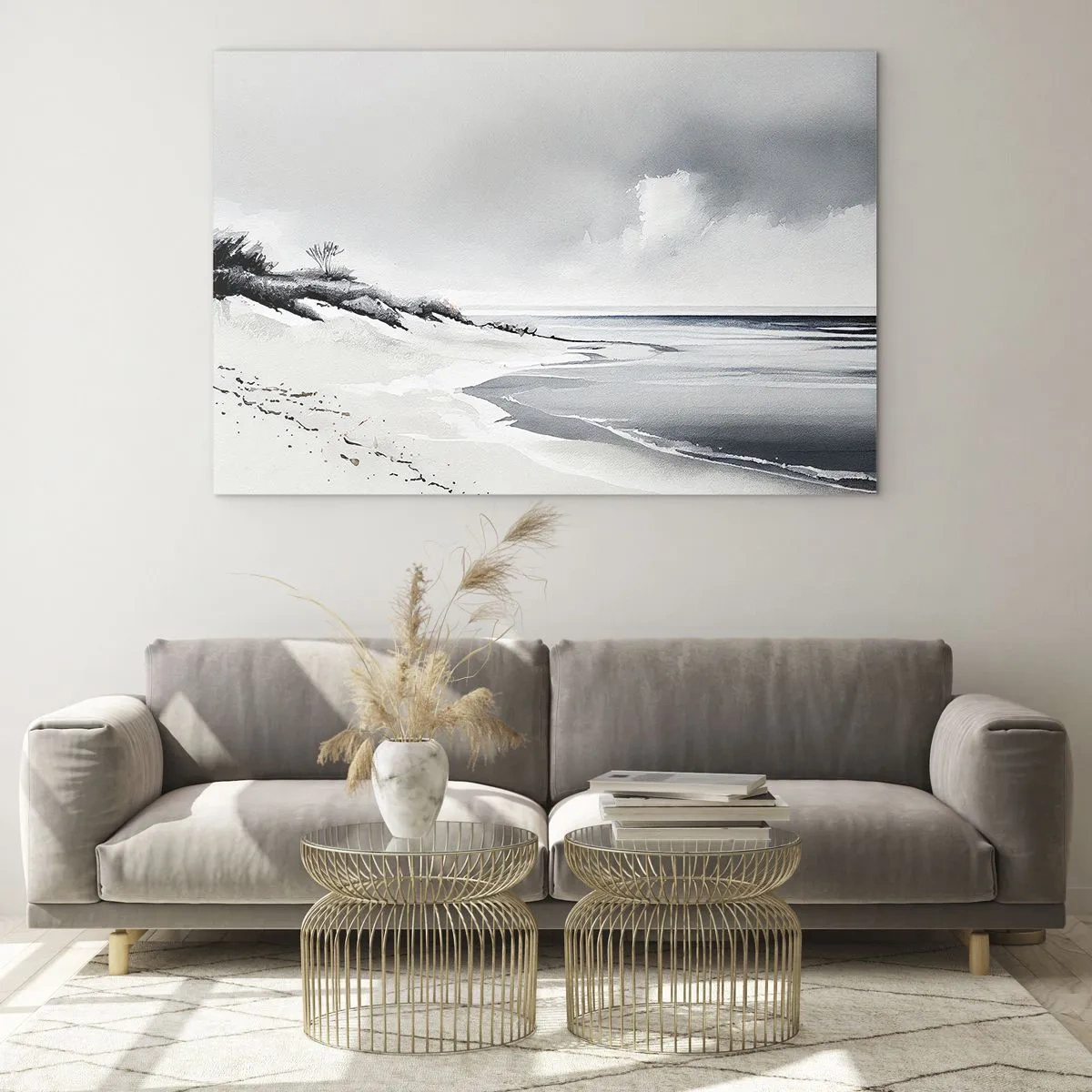 Quadro su vetro - Spiaggia bianca e nera con orizzonte e mare calmo - 100x70cm - Insieme da sempre - Decorazione murale moderna per soggiorno e camera da letto ARTTOR