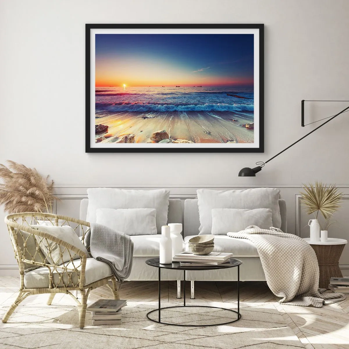 Poster in cornice nera - Tramonto su un mare calmo con onde - 100x70cm - Cosa c'è dietro l'orizzonte? - Decorazione murale moderna per soggiorno e camera da letto ARTTOR