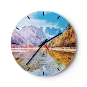 Orologio da parete - Orologio in Vetro - Un paesaggio montano con una foresta autunnale riflessa sulla superficie del lago - 30x30cm - E nei monti è già autunno - Decorazione murale moderna per soggiorno, cucina e camera da letto ARTTOR