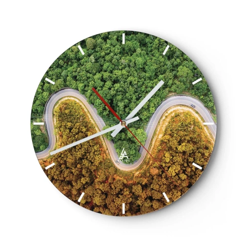 Orologio da parete - Orologio in Vetro - Una strada asfaltata tortuosa che attraversa la foresta vista dall'alto - 30x30cm - Confine e separazione - Decorazione murale moderna per soggiorno, cucina e camera da letto ARTTOR