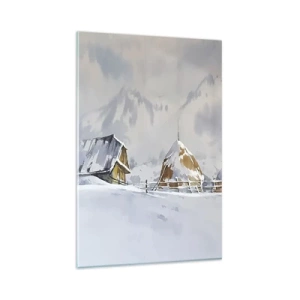 Quadro su vetro - Paesaggio invernale con una casetta e pagliai in montagna - 80x120cm - Nella valle innevata - Decorazione murale moderna per soggiorno e camera da letto ARTTOR