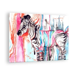 Quadro su vetro - Zebra colorata in stile acquerello - 70x50cm - Uno scherzo spensierato della natura - Decorazione murale moderna per soggiorno e camera da letto ARTTOR