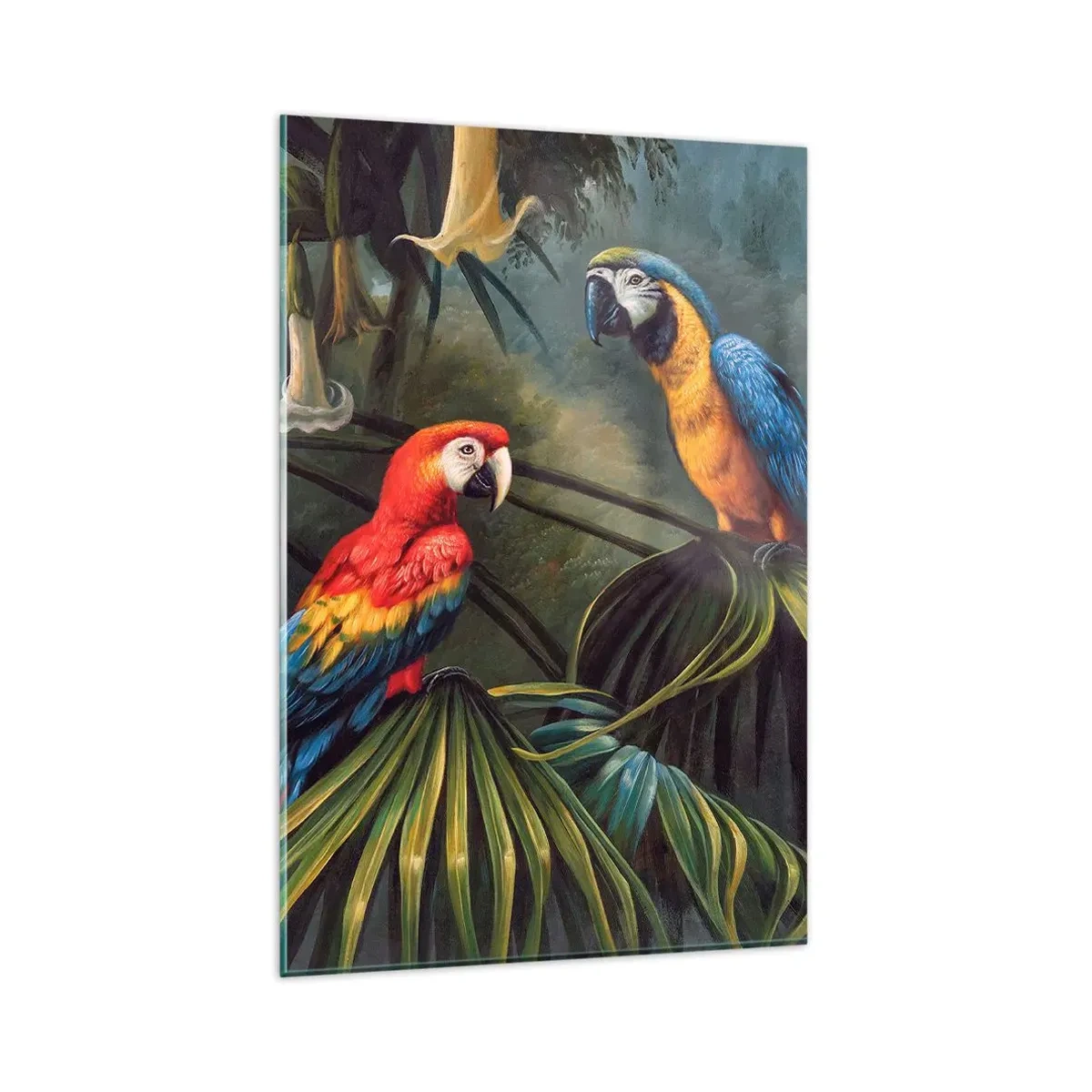 Quadro su vetro - Pappagalli in una foresta tropicale con fiori esotici sullo sfondo - 80x120cm - Romanticità ai tropici - Decorazione murale moderna per soggiorno e camera da letto ARTTOR