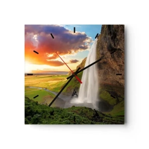 Orologio da parete - Orologio in Vetro - Una cascata in un paesaggio pittoresco al tramonto - 30x30cm - Nel mezzo dell'estate islandese - Decorazione murale moderna per soggiorno e camera da letto ARTTOR