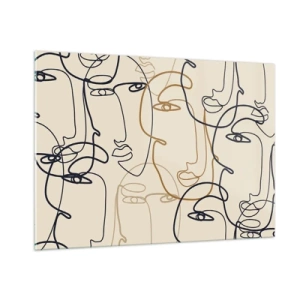Quadro su vetro - Volti contornati disegnati con un solo tratto su beige - 100x70cm - Ritratto multiplo - Decorazione murale moderna per soggiorno e camera da letto ARTTOR
