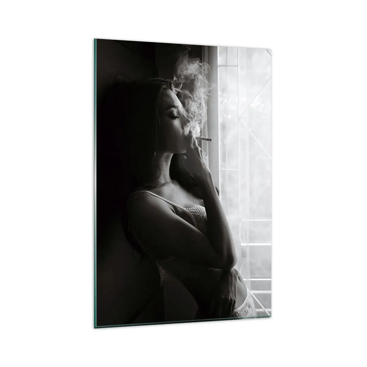 Quadro su vetro - Una donna in posa sensuale in una fotografia in bianco e nero - 80x120cm - Attimo sensuale - Decorazione murale moderna per soggiorno e camera da letto ARTTOR