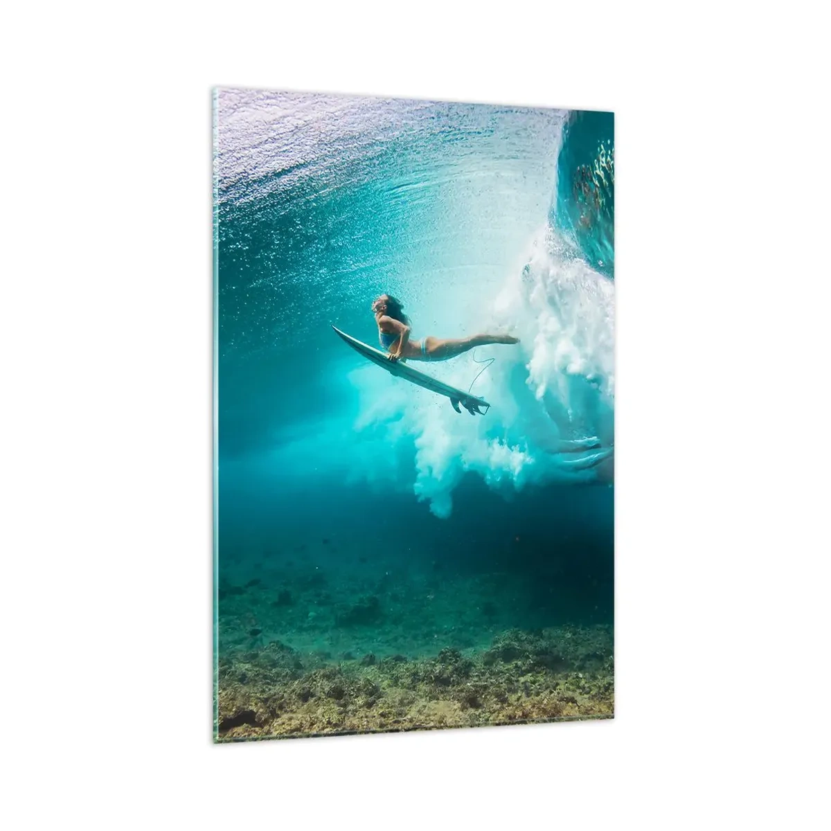 Quadro su vetro - Surfista sotto un'onda nell'acqua blu dell'oceano - 80x120cm - Mondo subacqueo - Decorazione murale moderna per soggiorno e camera da letto ARTTOR