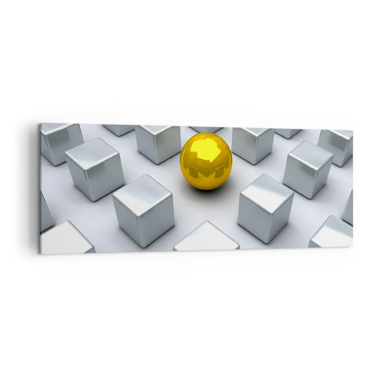Quadro su tela - Stampe su Tela - Una sfera dorata che spicca tra i cubi d'argento - 140x50cm - Perché io? Composizione geometrica - Decorazione murale moderna per soggiorno e camera da letto ARTTOR